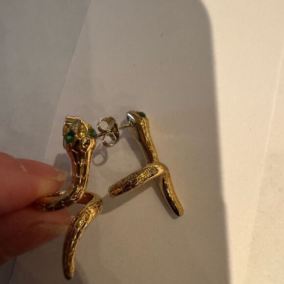 Gold Snake Earrings with Green Gemstone - Picture 4 of 5